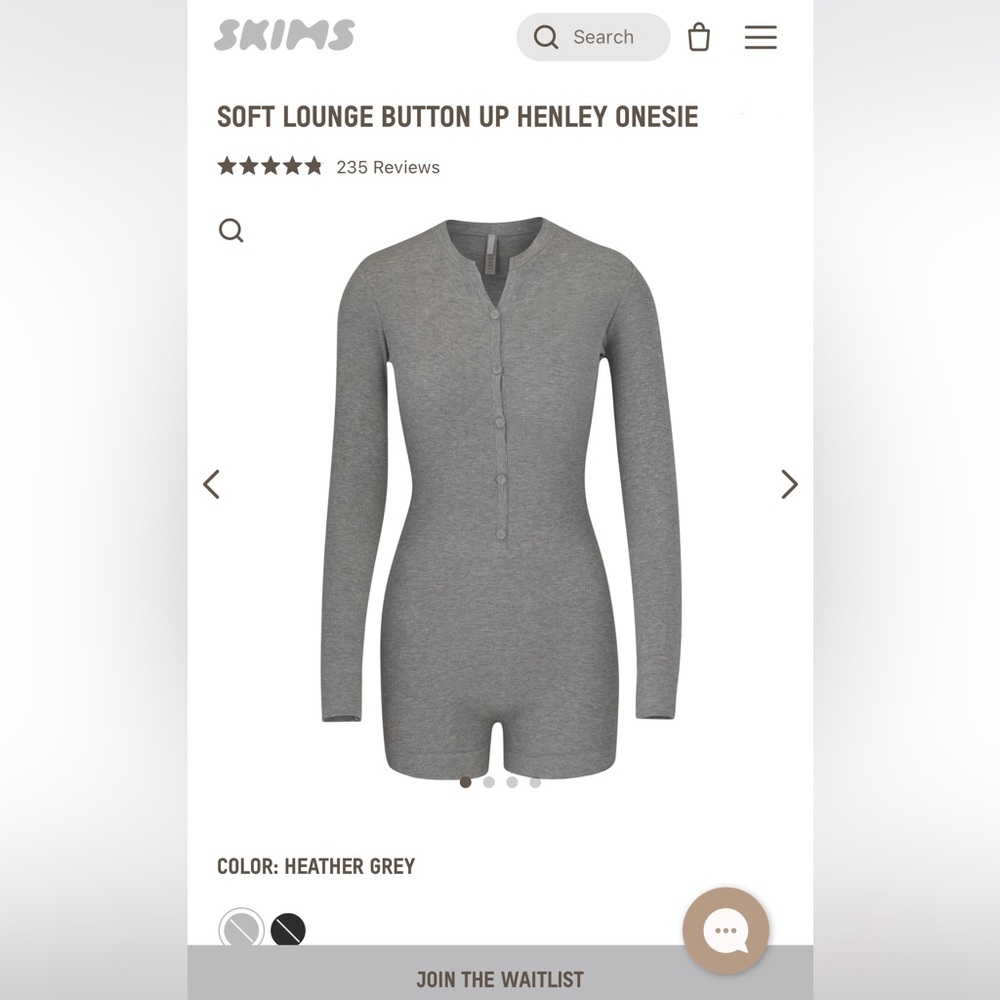 SKIMS SOFT LOUNGE BUTTON UP HENLEY ONESIE, GRAY, LARGE